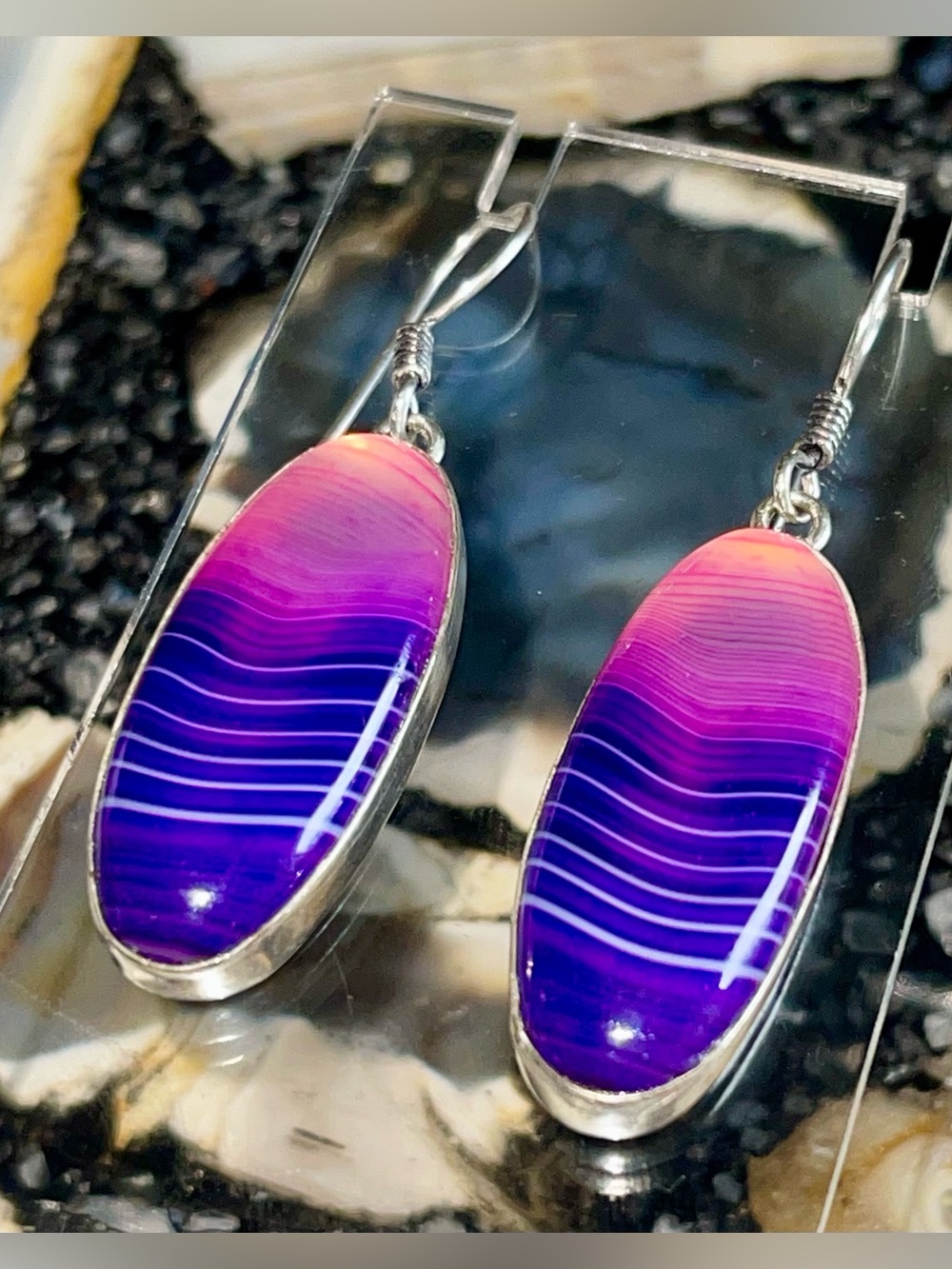 Purple-Pink Botswana Agate Earrings 2 1/4”